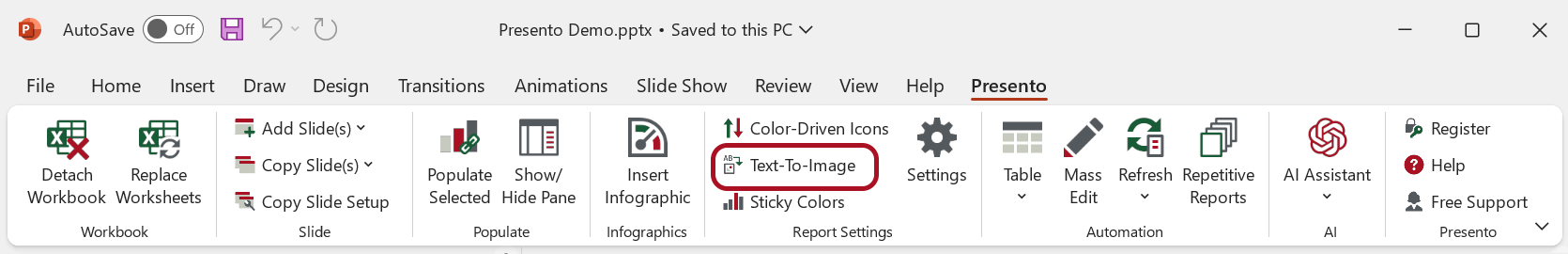 Text-To-Image in the Presento Ribbon Tab